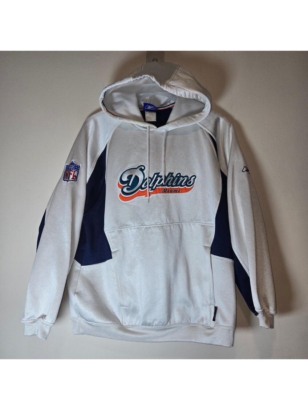 VTG Reebok NFL Miami Dolphins Hoodie Sweatshirt Men's M White Navy Blue READ